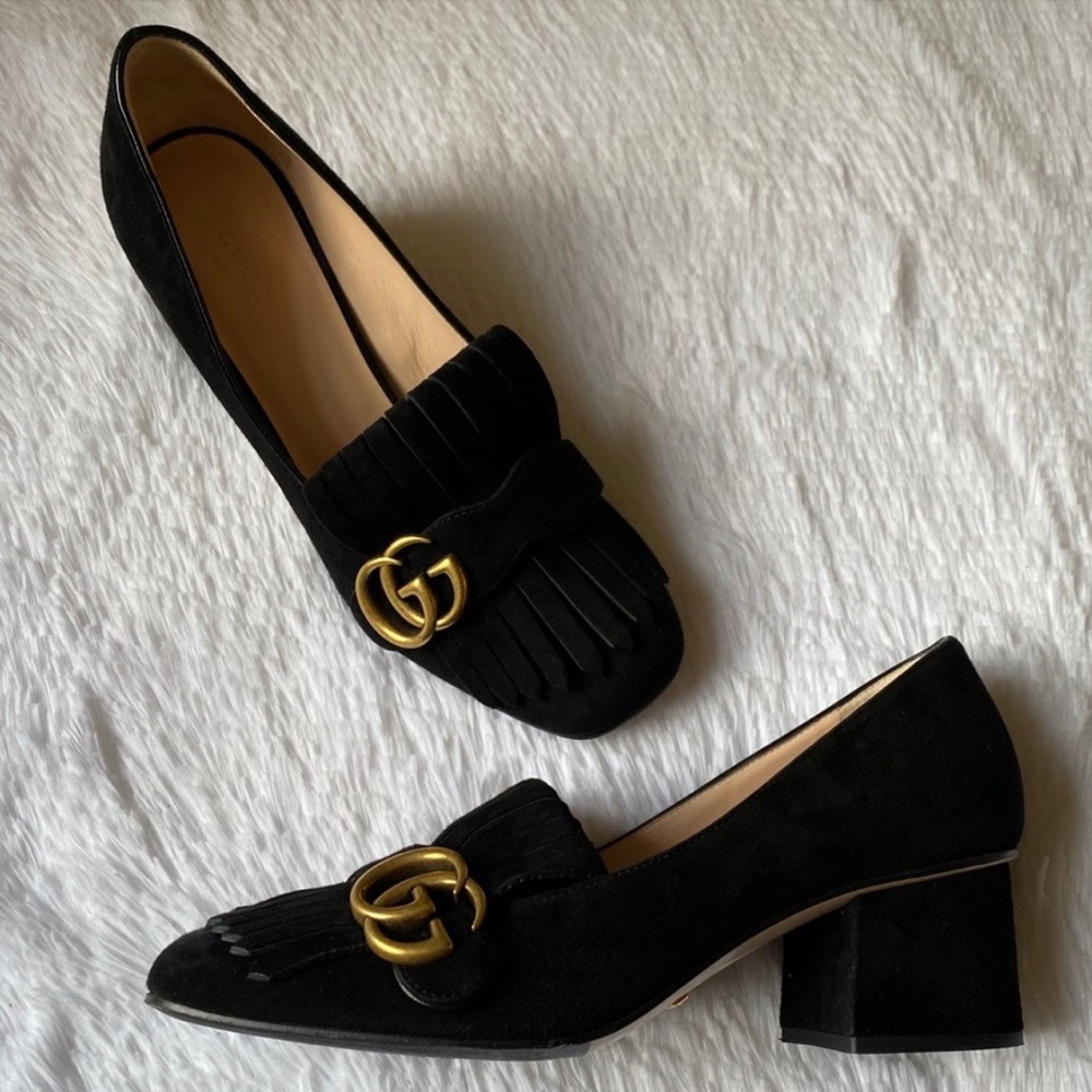 Authentic Gucci GG Marmont Suede Fringe Loafers